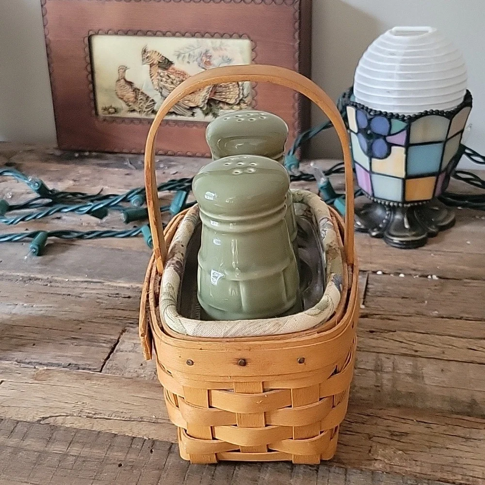 Longaberger Vintage Salt and Pepper Shakers in Handwoven lined Basket